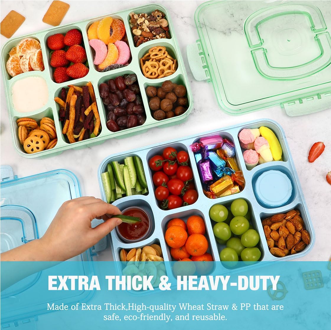 Caperci Snackle Box Container - Large 10-Compartment Divided Serving Tray with Lid and Handle, Built-in 2 Dip Containers, Dishwasher Safe, Leak-Proof, Wheat Straw, BPA-Free (White)