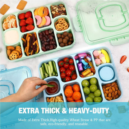 Caperci Snackle Box Container - Large 10-Compartment Divided Serving Tray with Lid and Handle, Built-in 2 Dip Containers, Dishwasher Safe, Leak-Proof, Wheat Straw, BPA-Free (White)
