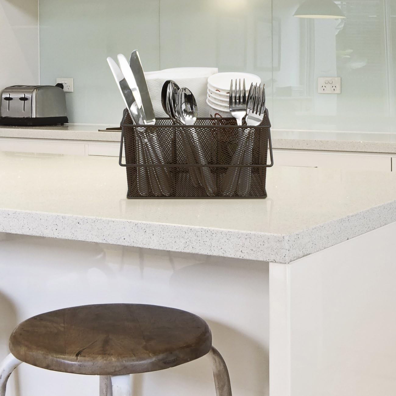 Sorbus® Utensil Caddy — Silverware, Napkin Holder, and Condiment Organizer — Multi-Purpose Steel Mesh Caddy—Ideal for Kitchen, Dining, Entertaining, Tailgating, Picnics, and much more (White)