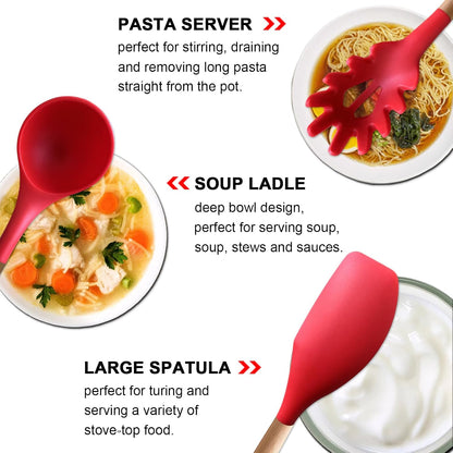 Kitchen Cooking Utensils Set, 6Pcs Silicone Kitchen Utensils Set Spatula Spoon Soup Ladle Turner, Heat Resistant Wooden Handle Silicone Cooking Gadgets for Nonstick Cookware & Baking BPA FREE
