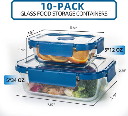 Glass Food Storage Containers 10 Pack, Meal Prep Containers with Snap Locking Lids Airtight Built in Air Vents, Glass Lunch Containers, Microwave/Dishwasher Safe, Navy Blue