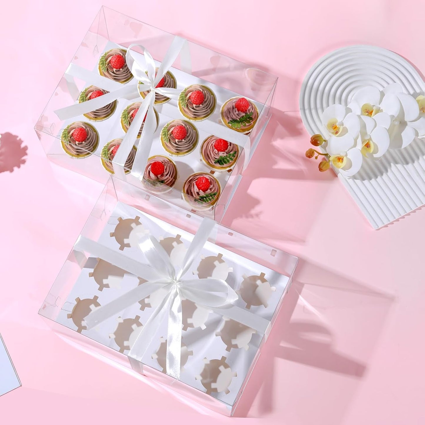JCD 4 Pack Clear Cupcake Boxes, Plastic Cupcake Containers with Gift Ribbon, 5.5inches height Holder 6 Count Cup Cake Boxes for Parties, Baking, Wedding, Transport (6count/4pcs)