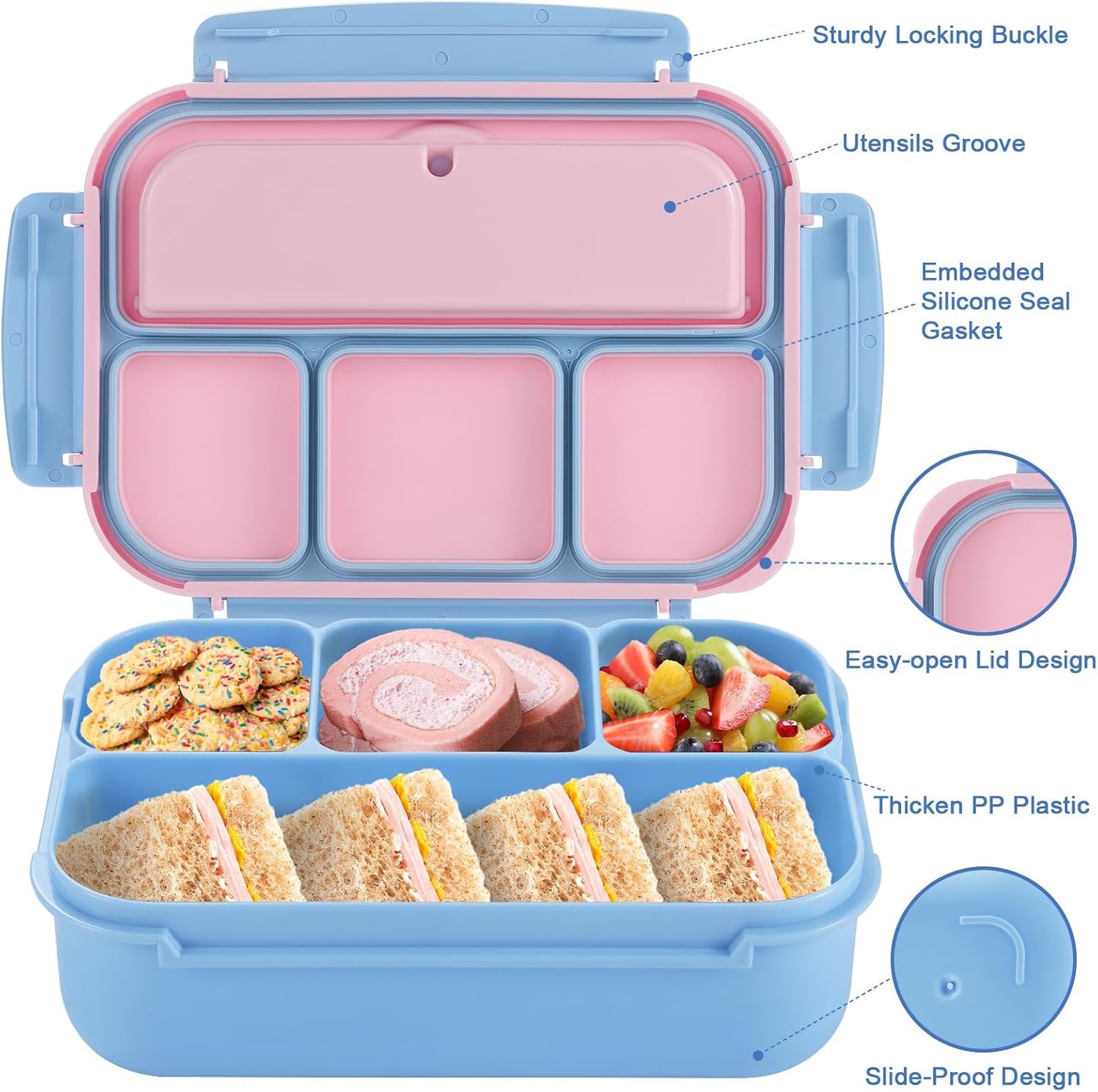 Bento Box Adult Lunch Box, Lunch Containers for Kids Girls Boys with 4 Compartments, Lunchable Food Container with Utensils, Sauce Jar, Muffin Liners, 40 Oz/5 Cup, Microwave Safe, Lavender
