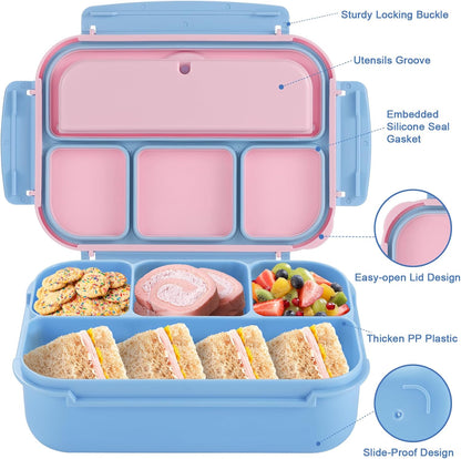 Bento Box Adult Lunch Box, Lunch Containers for Kids Girls Boys with 4 Compartments, Lunchable Food Container with Utensils, Sauce Jar, Muffin Liners, 40 Oz/5 Cup, Microwave Safe, Lavender