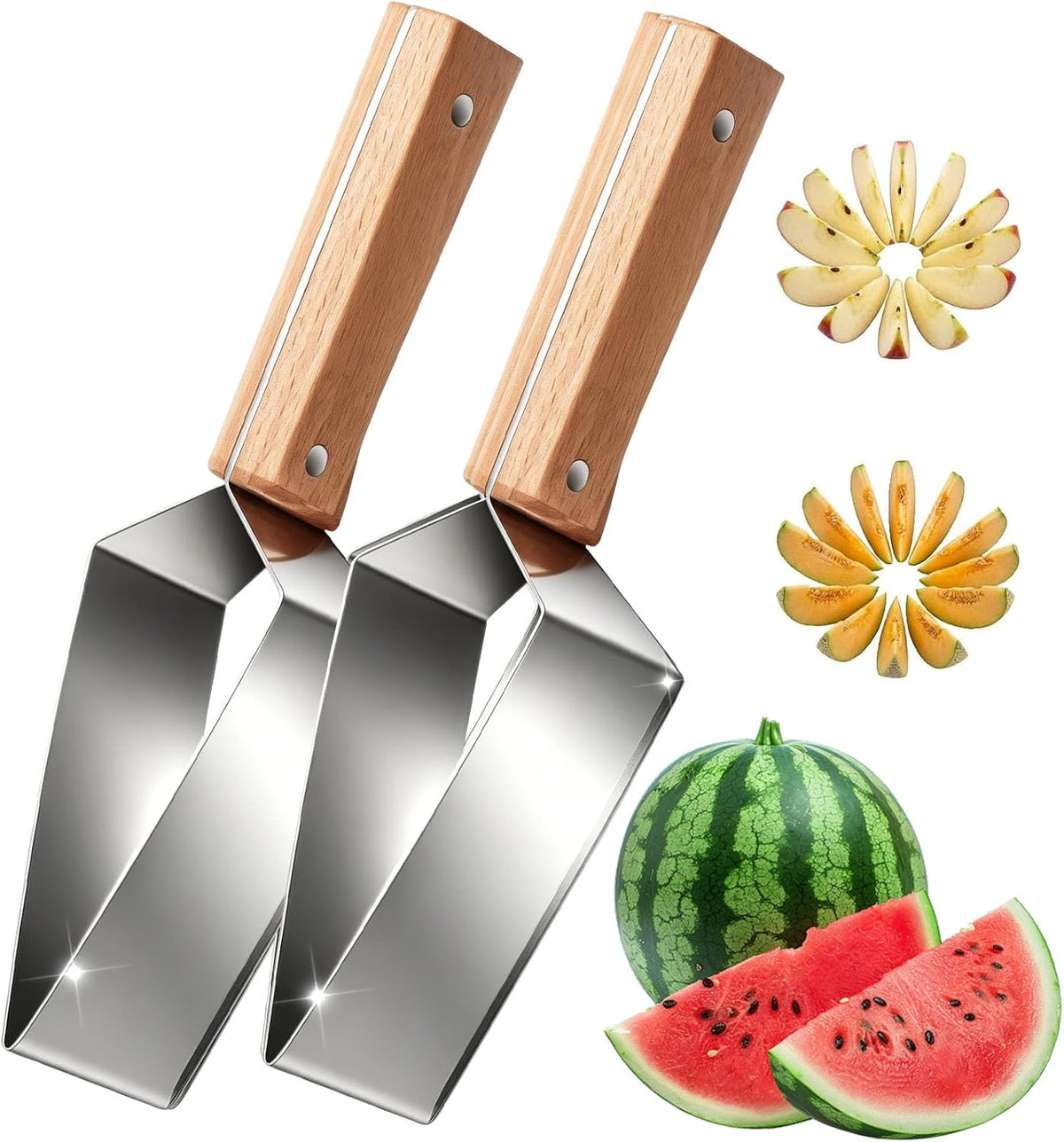 2Pcs Stainless Steel Watermelon Slicer,2026 New Triangle Watermelon Cutter,Handheld Watermelon Cutting Tool Stainless Steel with Wooden Handle for a Variety of Fruits Watermelon, Cantaloupe, Honeydew