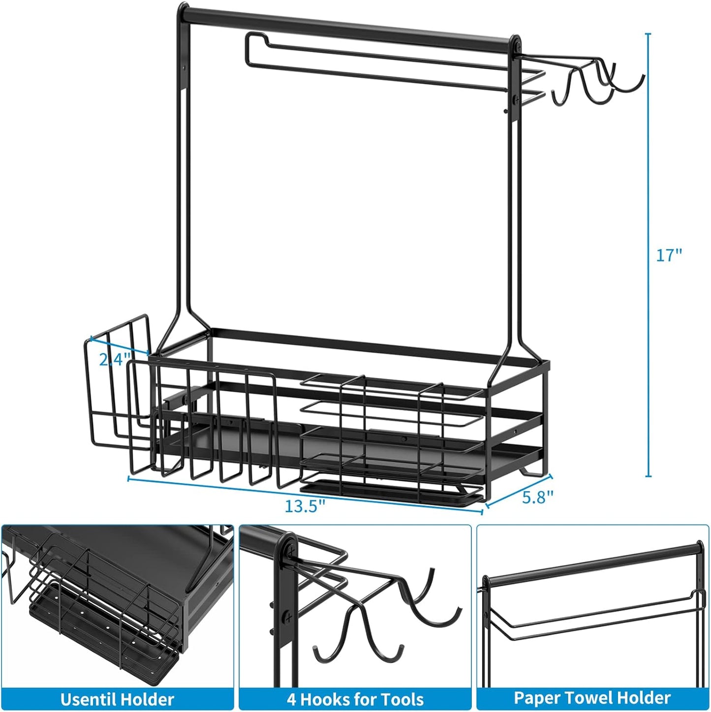 Grill Caddy, BBQ Caddy with Paper Towel Holder for Plate Cutlery, Flatware Caddy Picnic Condiment Caddy with 4 Hooks, Grill Utensil Caddy for Outdoor Barbecue Accessories Organizer