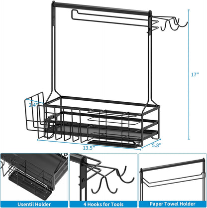 Grill Caddy, BBQ Caddy with Paper Towel Holder for Plate Cutlery, Flatware Caddy Picnic Condiment Caddy with 4 Hooks, Grill Utensil Caddy for Outdoor Barbecue Accessories Organizer