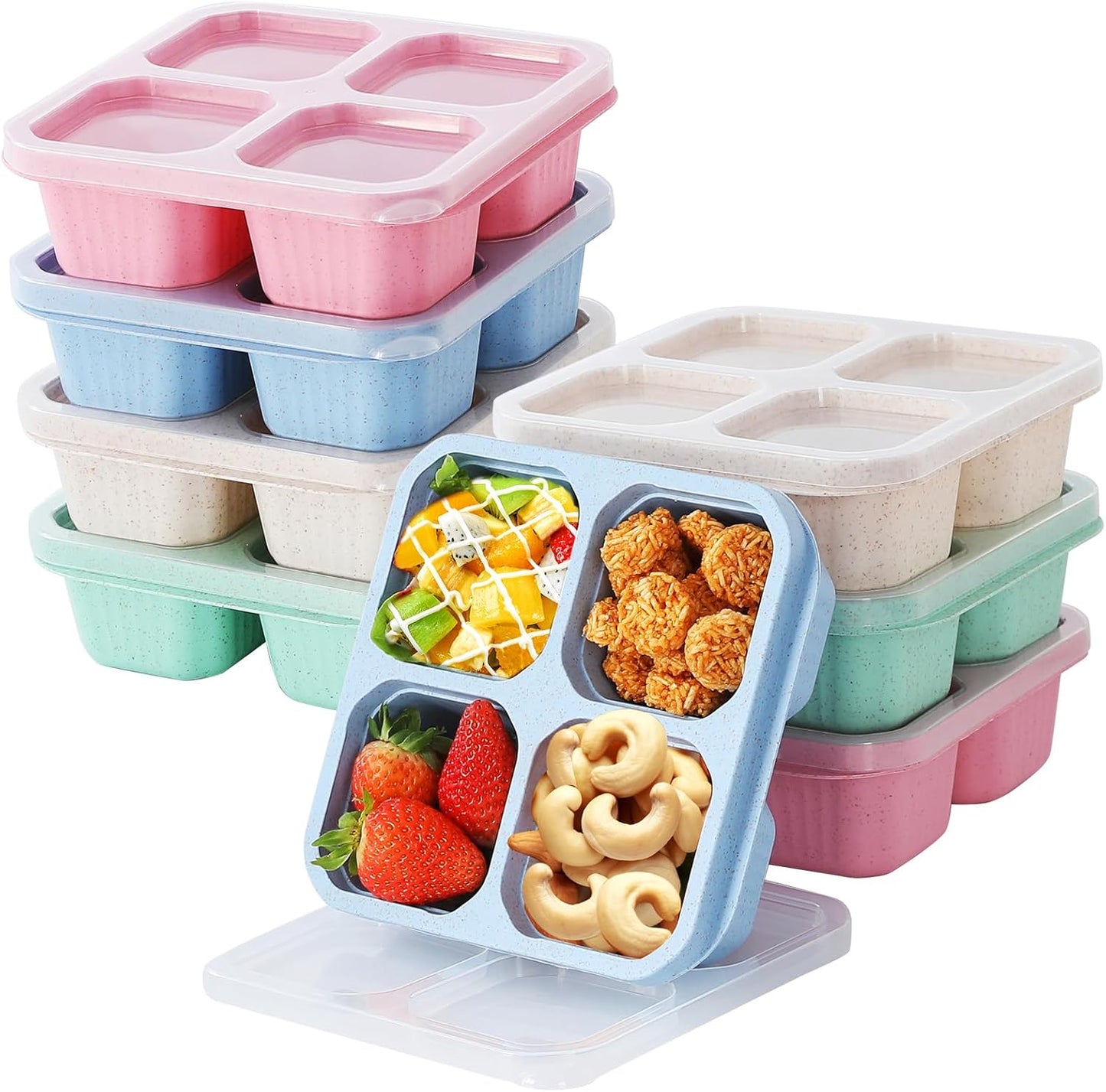 buluker 8 Pack Bento Snack Containers Set， 4 Compartment Food Storage Containers ，Wheat Straw Meal Prep Lunch Box ，Plastic Food Storage container, Microwave and Dishwasher Safe (Bright color)