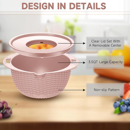 4-1 Colander with Bowl & Spoons Set - Rotatable Colander for kitchen with New Upgraded Graters, Food Strainer(Patented) for Pasta, Fruits, Vegetables, Funny Presents for Women, Beige