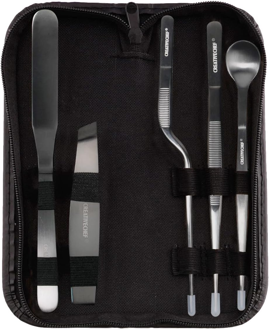 CREATIVECHEF 5 PCS Plating Tools Culinary Set Contains kitchen tweezers spatula Sauce plating spoon（Black）