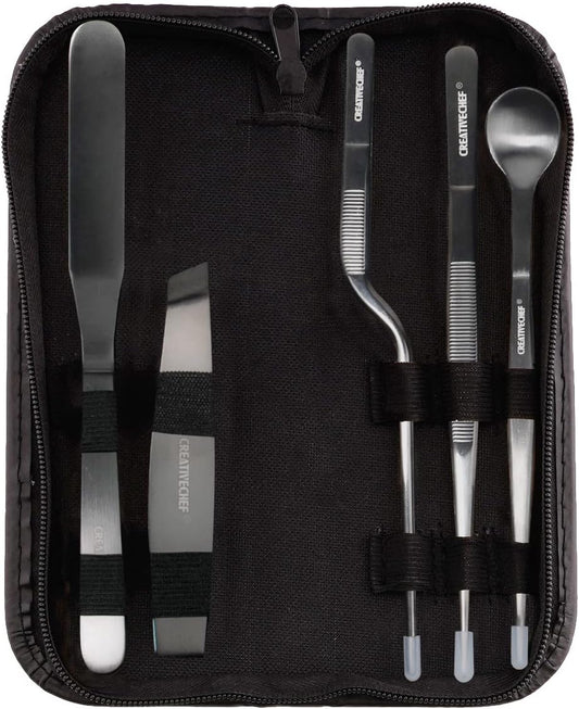 CREATIVECHEF 5 PCS Plating Tools Culinary Set Contains kitchen tweezers spatula Sauce plating spoon（Black）