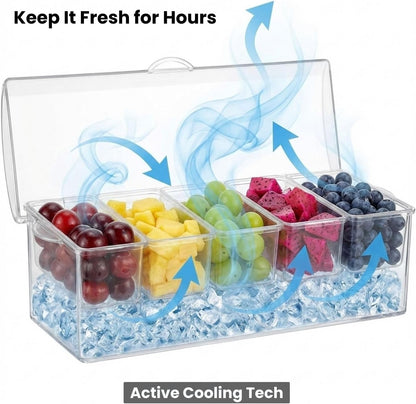 Ice Chilled Condiment Server with Lids – Includes 19 Serving Accessories (Tongs, Spoons, Forks) – 5 Compartment Fruit & Veggie Tray for Parties, Taco Bar, Picnics & Outdoor Entertaining