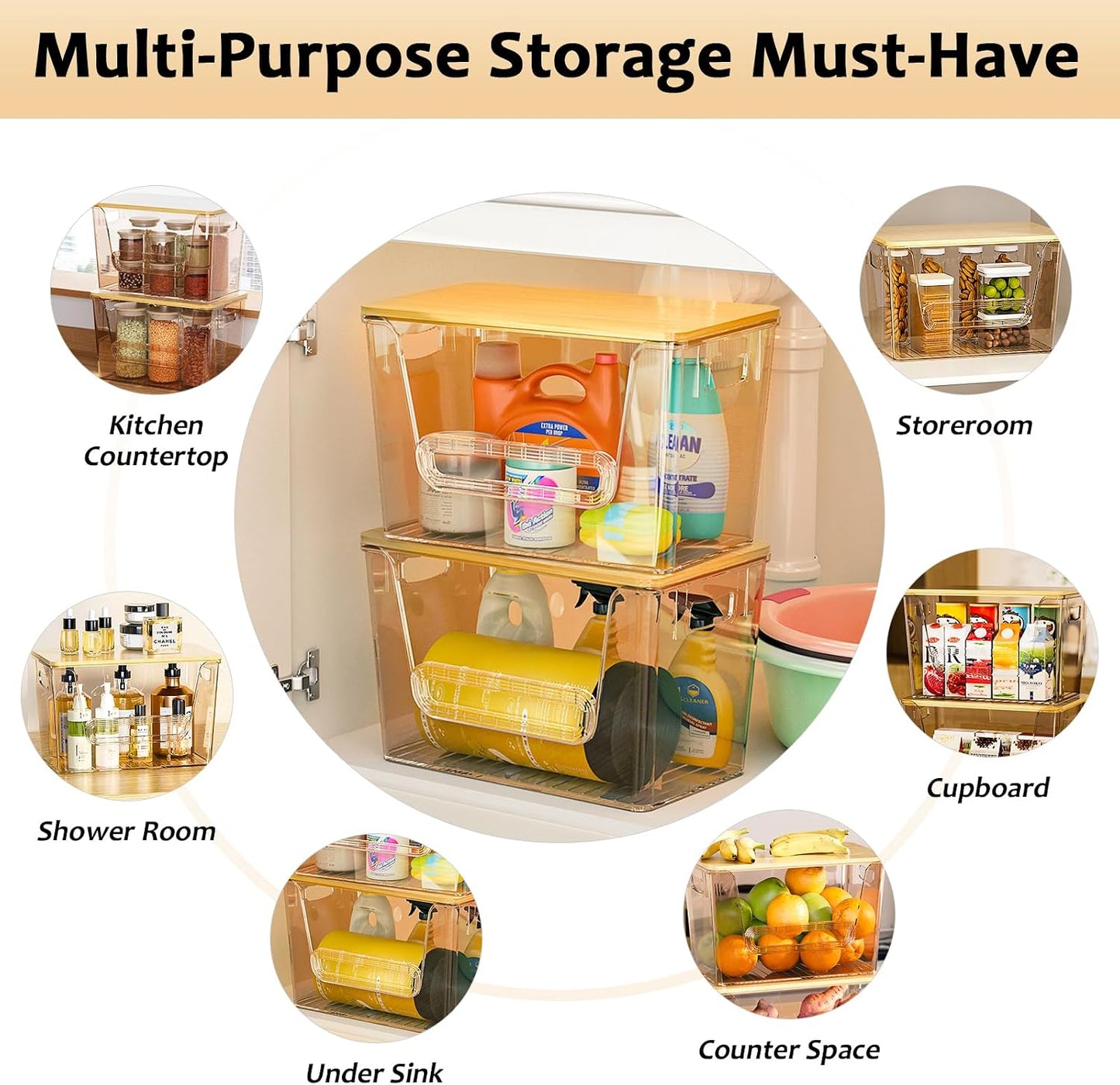 Delamu 2 Set Pantry Organizers and Storage, Trash Bag Holder Under Sink Organizer for 4-13 Gal Bags, Trash Bag Dispenser with Bamboo Top for Onion, Potato, Garlic, Clear (11-7/32"L*7" W*7-1/8"H)
