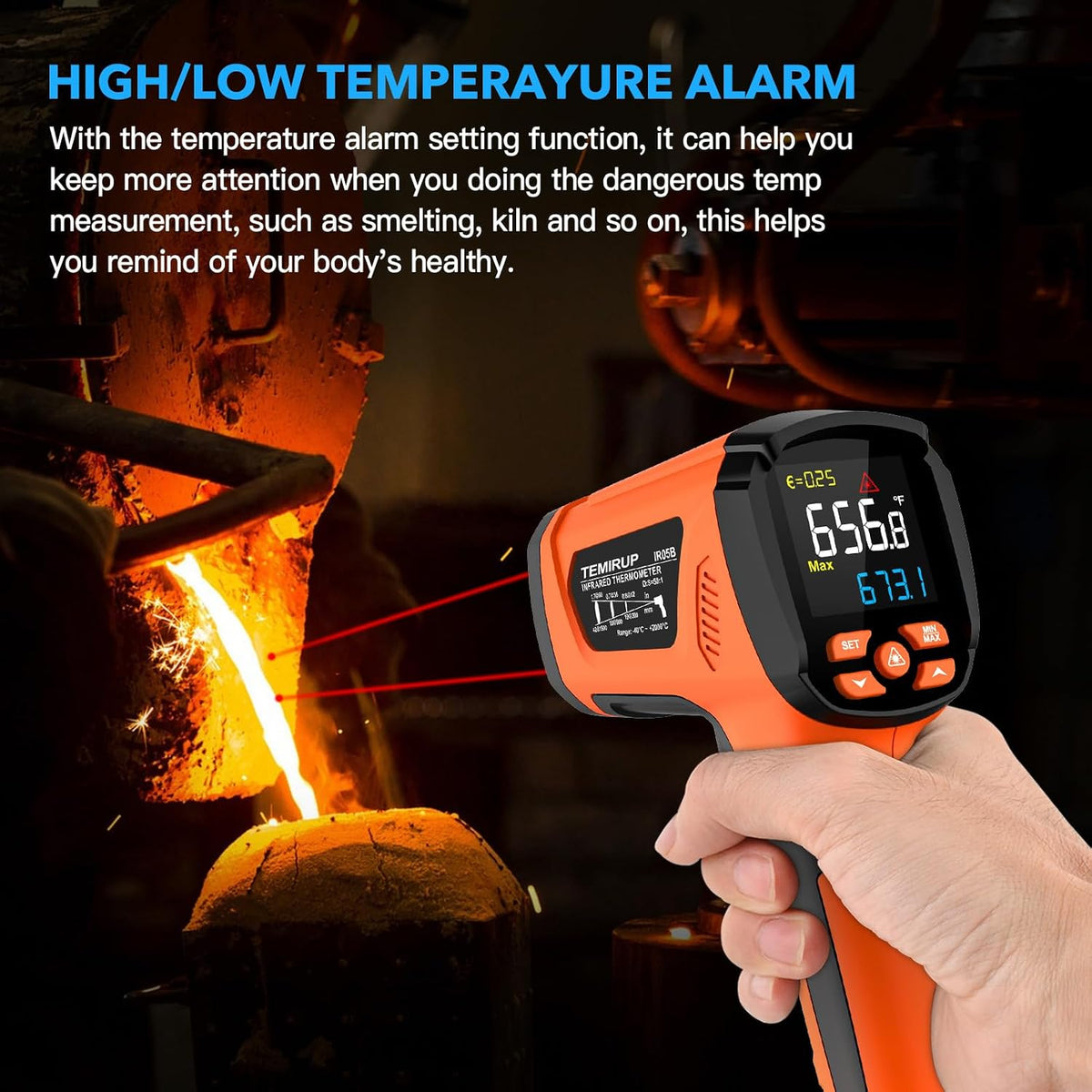 Infrared Thermometer Gun, Non Contact Digital Laser Thermometer Temperature Gun with Color LCD for Cooking, Home Repairs, Humidity Measurement, Adjustable Emissivity -58°F to 1472°F(-50~800°C)