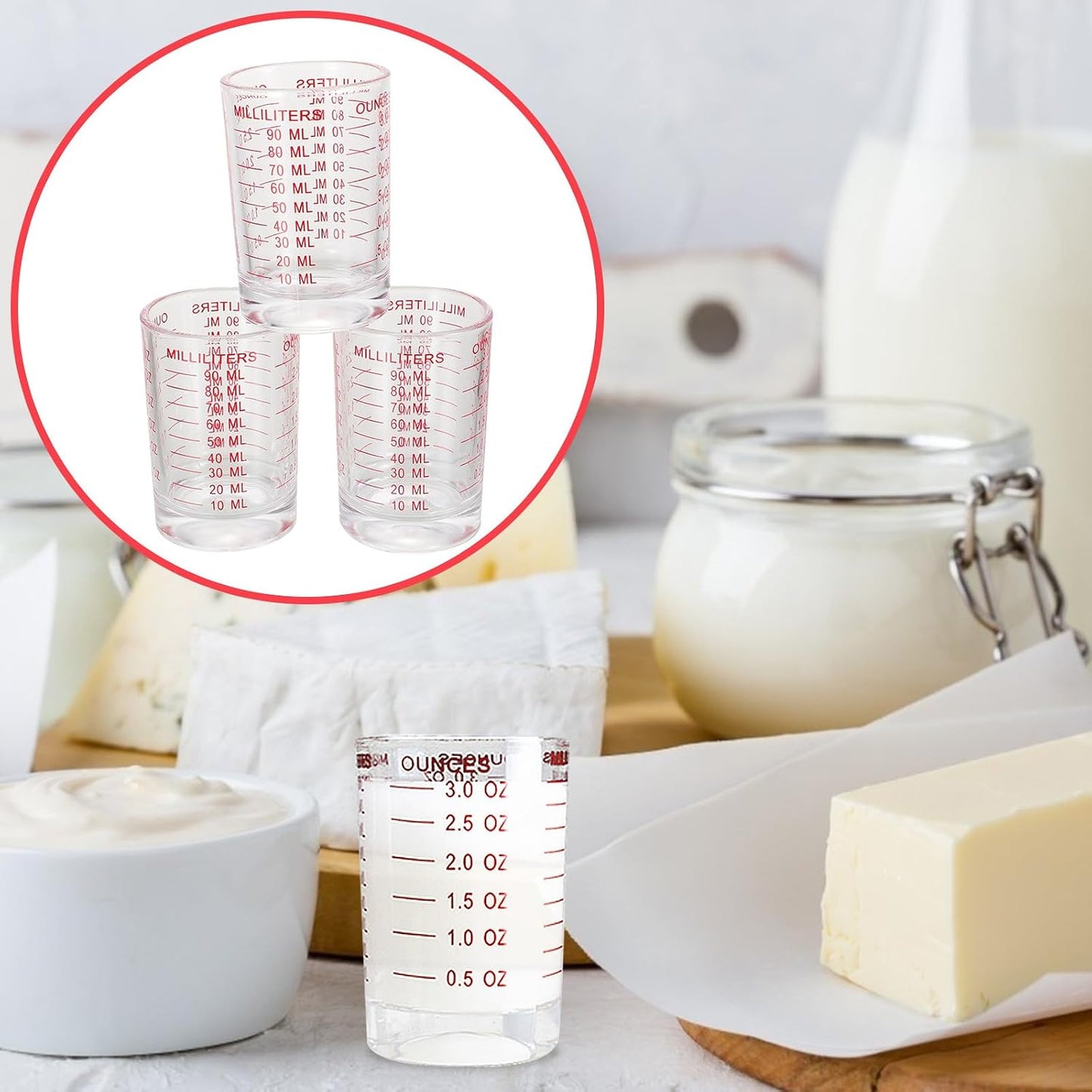 Alipis 3 Pieces 90ml Glass Measuring Cups with Red Scale, Baking Measuring Jug Set for Kitchen, Home Graduated Cups for Milk, Coffee, and Liquid Ingredients