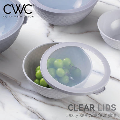 COOK WITH COLOR Mixing Bowls with Lids - 12 Piece Plastic Nesting Bowls Set includes 6 Prep Bowls and 6 Lids, Microwave Safe Mixing Bowl Set, Pink Embossed - Colors B