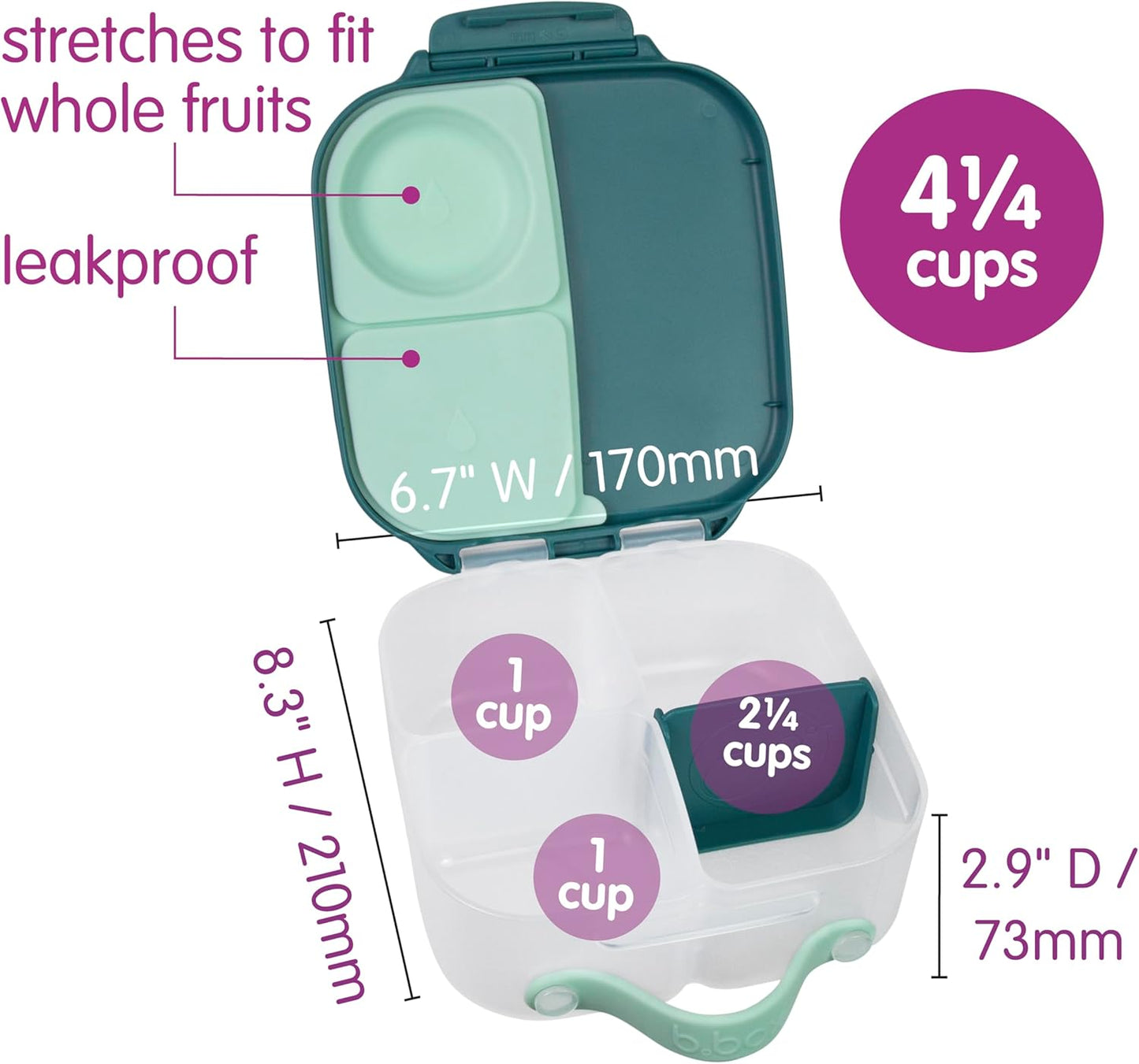 b.box Mini Lunch Box 2-Pack, Leak Proof Bento Box for Kids, 3 Compartment Snack Containers Ages 3+, Lunchbox for Daycare + School, Dishwasher Safe, BPA-Free, PFAS-Free, 4.25 Cup - Blue + Green