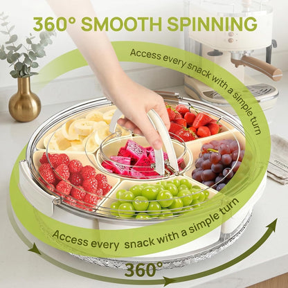 Divided Serving Tray with Lid & Handle, Portable Rotating Snackle Box, Clear Snack Spinner for Fruits, Snacks, Veggie & Charcuterie, Lazy Susan Organizer for Kitchen, Party, Travel & Picnic