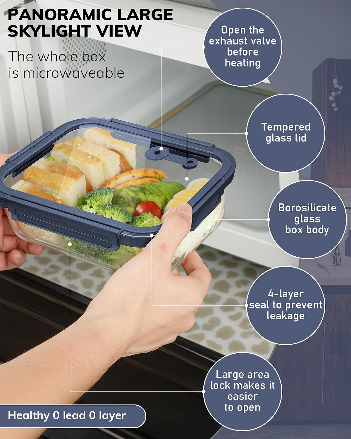 5-Pack Borosilicate Glass Containers with Tempered Glass Lids, 35.2oz/4.4 Cup Airtight Meal Prep Set, Microwave/Freezer Safe (Gray)