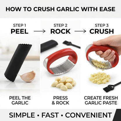 Angel's Peel Lounge Stainless Steel Garlic Press Rocker Set with Silicone Garlic Peeler & Cleaning Brush – Garlic Chopper, Mincer, Grater, Crusher – Easy for Crushed Cloves – Rust-Resistant, Black