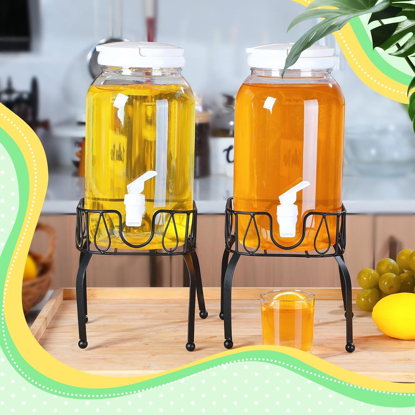 Tanlade 2 Pcs Plastic Drink Dispenser with Stand Beverage Dispenser with Sturdy Metal Base Juice Jar for Parties Lemonade Jar Spigot for Weddings Countertop Water, Each 1 Gallon(Black)