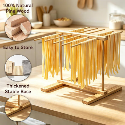 Wooden Pasta Drying Rack Collapsible, Kitchen Tool for Homemade Noodle