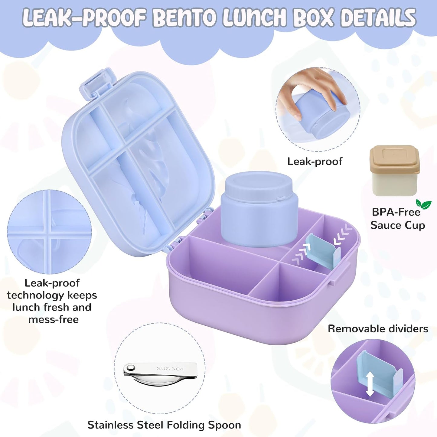 Lunch Box Kids, Leak Proof 5 Compartment Bento Box for Kids, 13oz Thermo for Hot Food Kids Lunch Box,Hot Lunch Box for School Travel