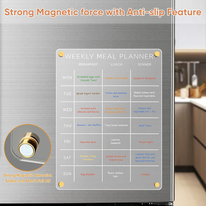 Acrylic Weekly Meal Planner – Clear Magnetic Dry Erase Menu Board for Fridge, Refrigerator Calendar & Grocery List Board
