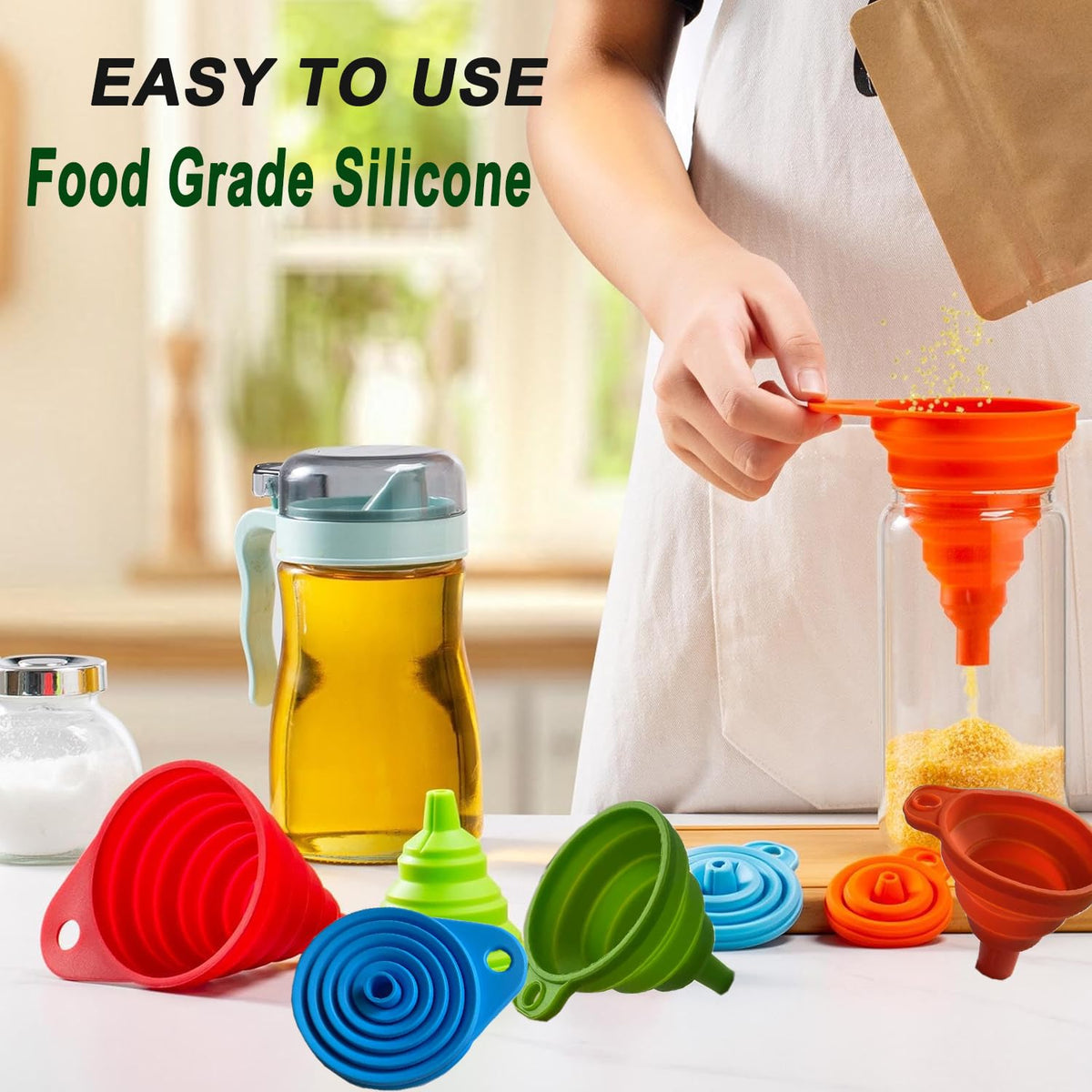 Kitchen Funnel Set 3 Pack,Large,Medium and Small,Kitchen Gadgets Accessories Foldable Silicone Collapsible Food Grade Funnels for Kitchen Use Daily Cooking Filling Bottles Liquid Powder Transfer