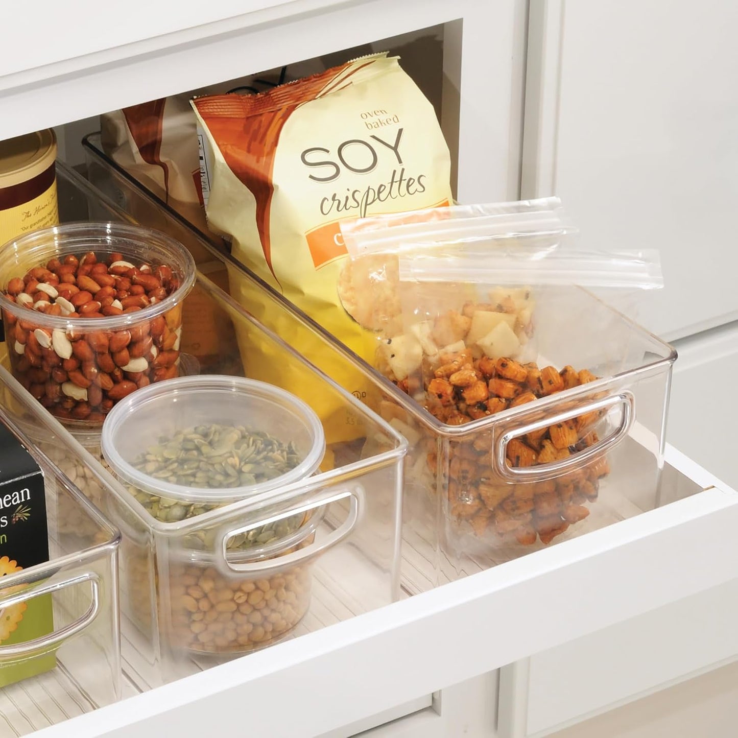 iDesign Plastic Stackable Pantry Bin - Storage Bin with Handles for Cabinets or Fridge - Set of 4 - Clear