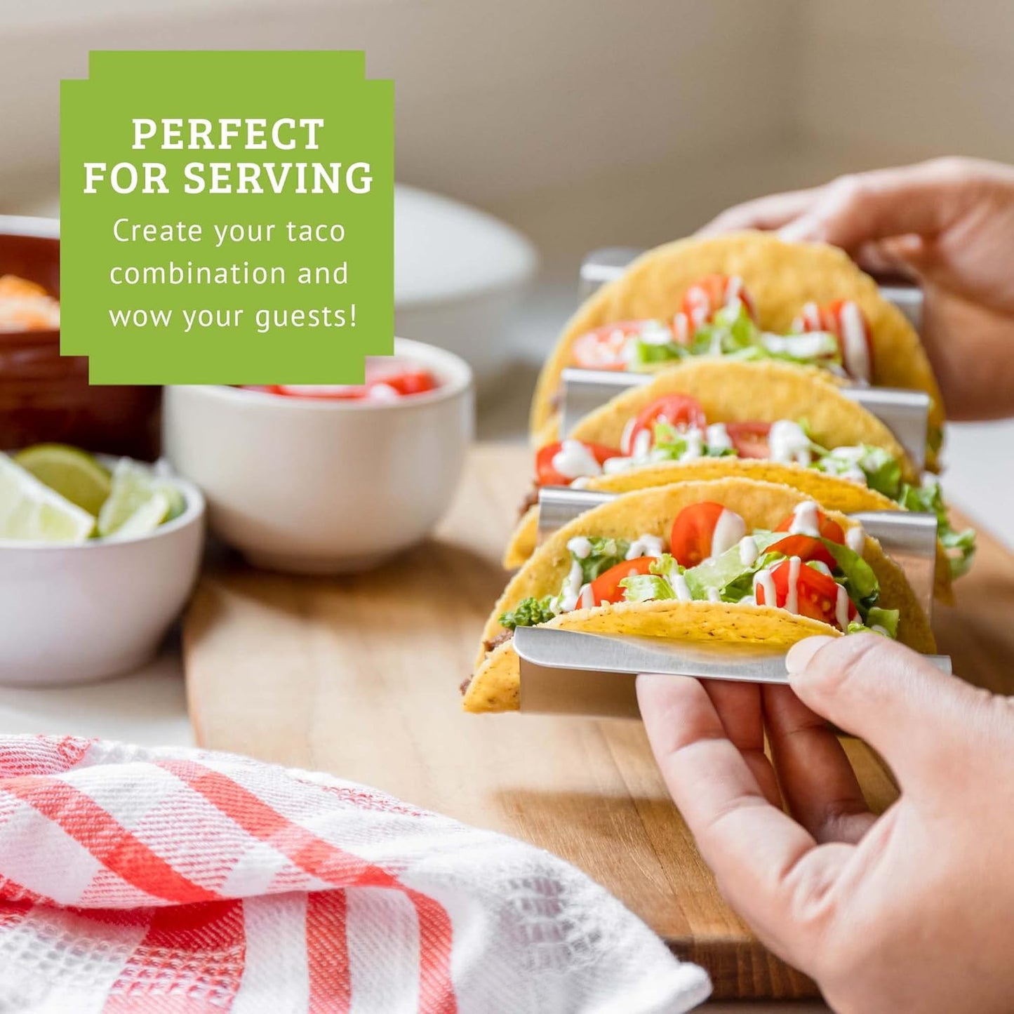 Stainless Steel Taco Holder, Taco Stands with Handles, Dishwasher and Grill Safe Taco Rack, Taco Serving Set, BPA-Free Metal Taco Shell Holders (Set of 6)