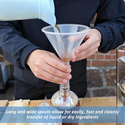 6 Inch Wide Mouth Plastic Large Funnels,Multi-Purpose Clear Funnels with with Reaching Spout for Water Bottles,Oils,Kitchen, Easy and Smooth Content Transfer