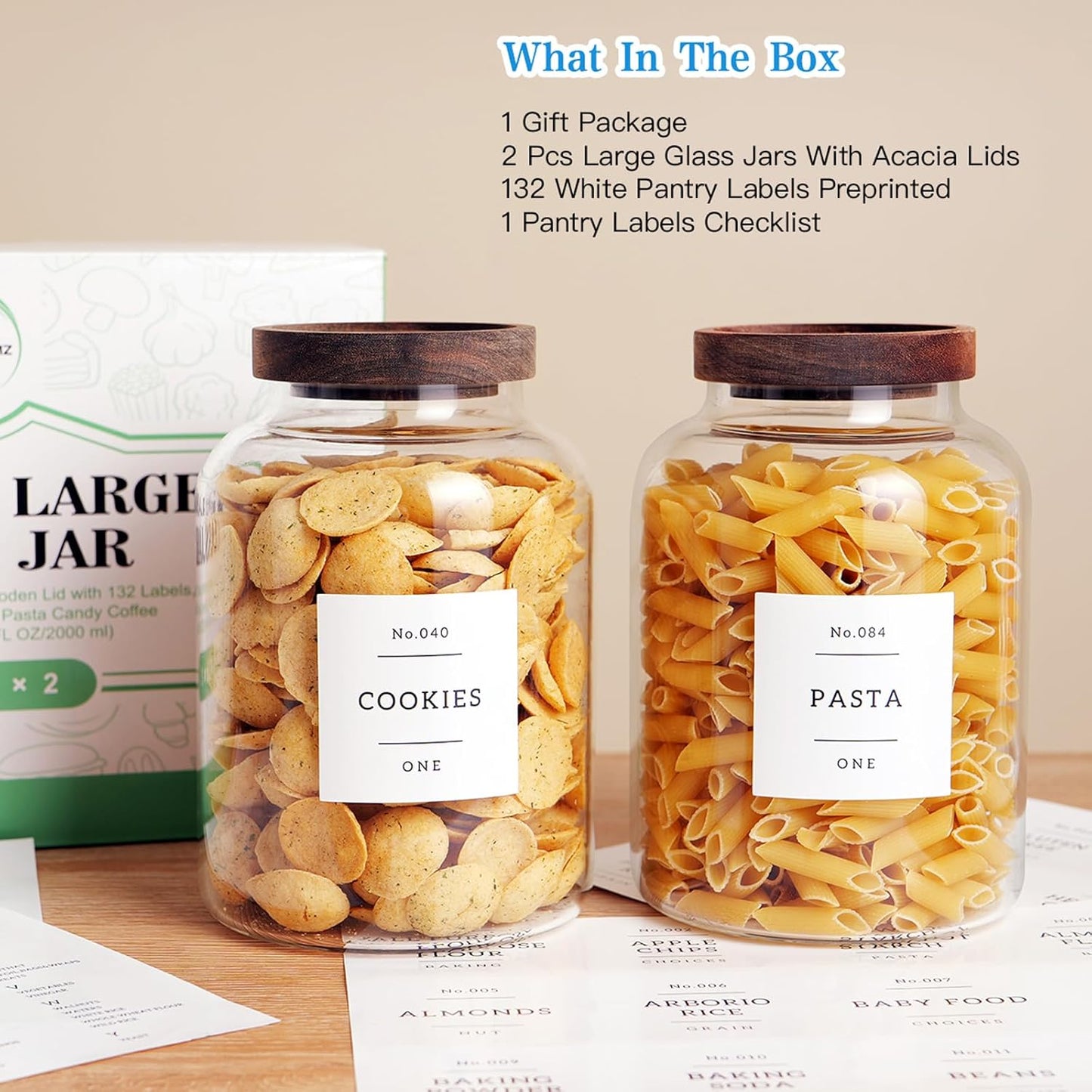 CZHQSMZ Set of 2 Large Glass Flour and Sugar Containers with 132 Pantry Labels - Glass Food Storage Jars with Airtight Bamboo Lid for Flour Pasta Candy Coffee Cookie and More(1 Gallon/4000 ml)