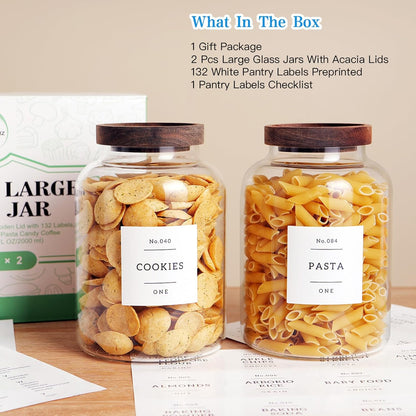 CZHQSMZ Set of 2 Large Glass Flour and Sugar Containers with 132 Pantry Labels - Glass Food Storage Jars with Airtight Bamboo Lid for Flour Pasta Candy Coffee Cookie and More(1 Gallon/4000 ml)
