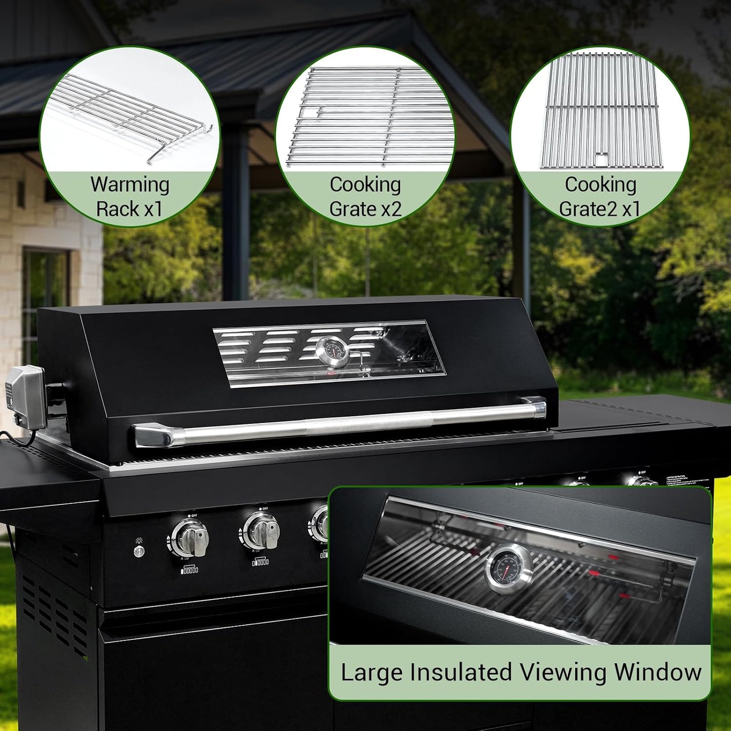SINDA 6 Burners Gas Grill with Foldable Side Shelf, BBQ Outdoor Grill with 99000 BTUs Output, 3 Drawers for Backyard Barbecue Cooking & Barbecue Grilling，Black