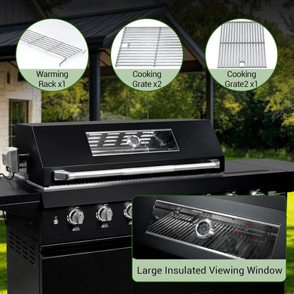 SINDA 6 Burners Gas Grill with Foldable Side Shelf, BBQ Outdoor Grill with 99000 BTUs Output, 3 Drawers for Backyard Barbecue Cooking & Barbecue Grilling，Black