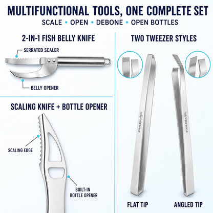 8 Pcs Stainless Steel Fish Scaler Remover Set, Fishbone Tweezers, Sawtooth Fish Descaler, Cleaner Scraper, Seafood Tool for Family Kitchen Scales Removing
