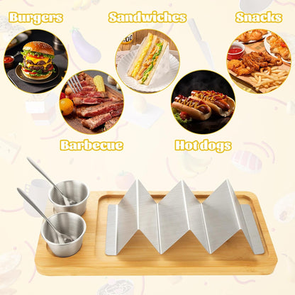 Taco Holder Stand Set of 2 - Stainless Steel Taco Shell Rack Holder with Serving Tray - Each Can Hold 3 Tortillas Stylish with Sauce Cup