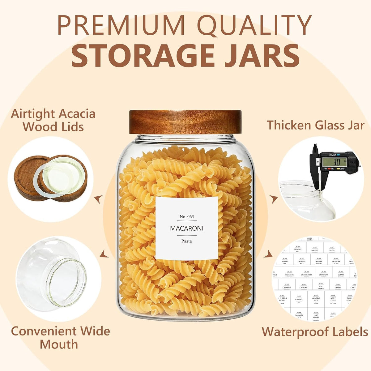 KEYWING 88oz Large Glass Jars with Airtight Acacia Wood Lids, Set of 3 Food Storage Containers for Flour, Sugar, Rice, Pasta, Cereal, Cookies – Includes 126 Labels