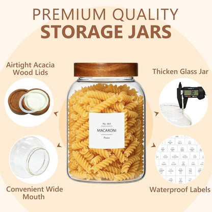 KEYWING 88oz Large Glass Jars with Airtight Acacia Wood Lids, Set of 3 Food Storage Containers for Flour, Sugar, Rice, Pasta, Cereal, Cookies – Includes 126 Labels