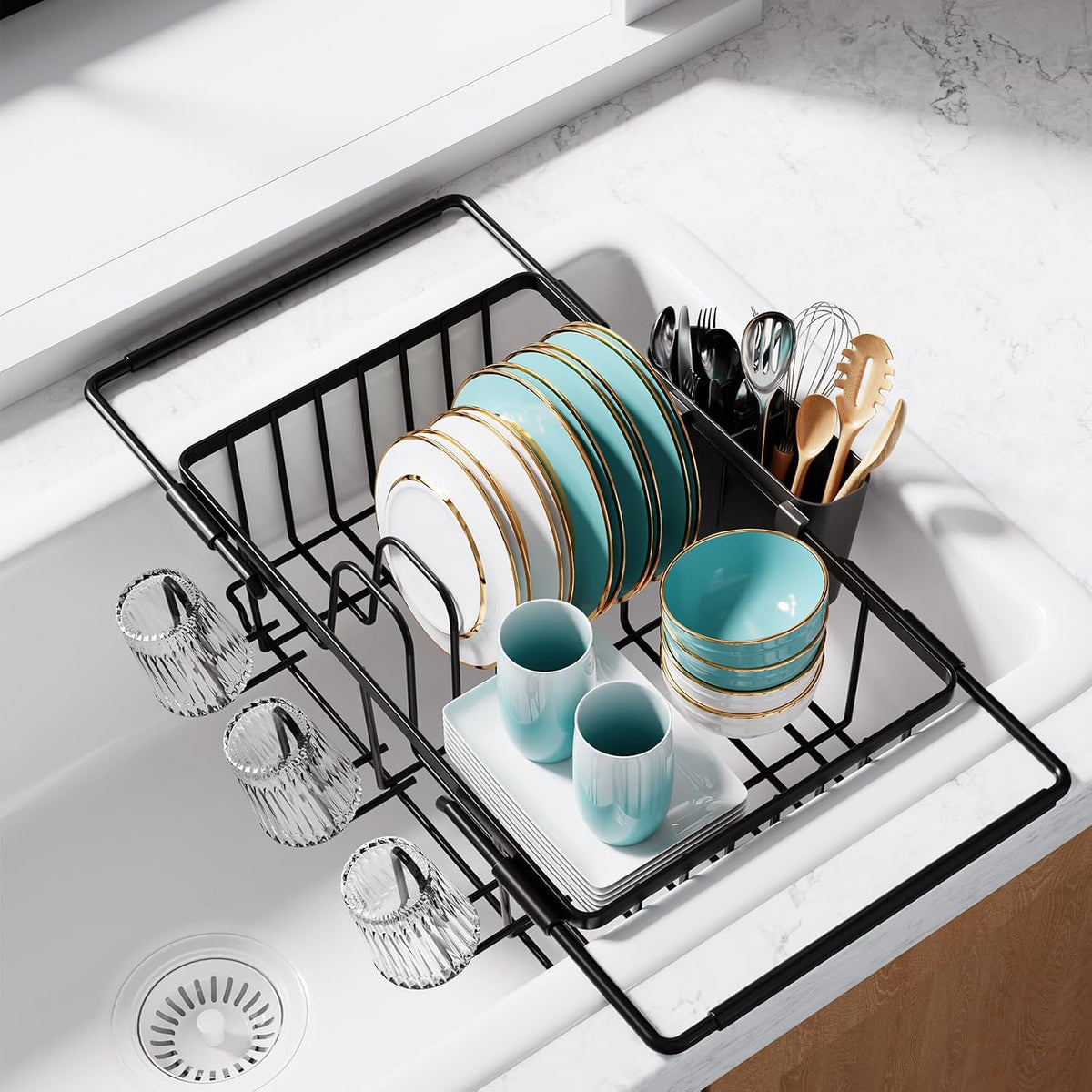 Sakugi Dish Drying Rack in Sink - Expandable Stainless Steel Dish Rack Over the Sink, Kitchen Sink Drain Strainer with Cutlery Holder & Cup Holders, 15.4 x 9.8 x 3.0 Inch, Black