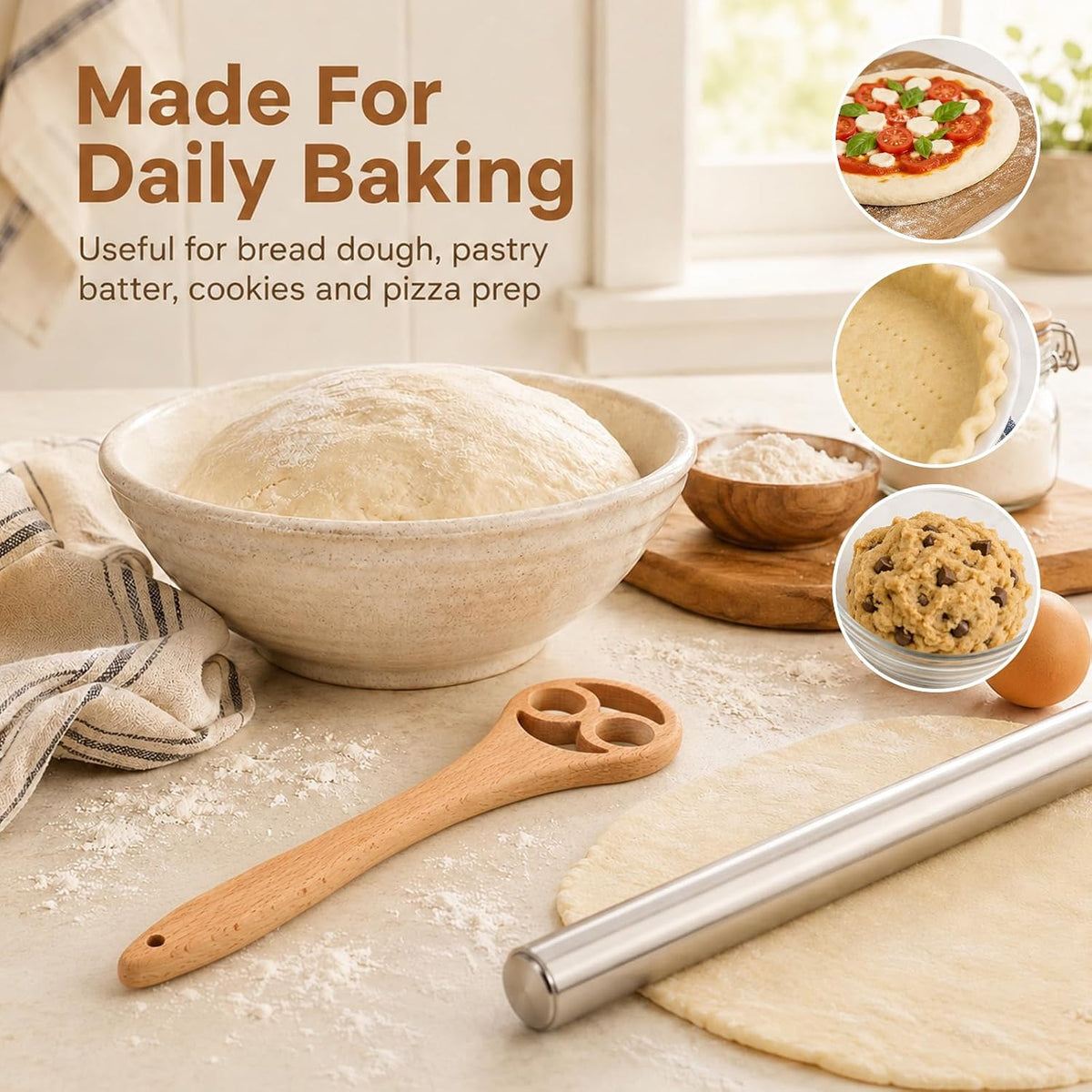 13 Inch Danish Dough Whisk, Wooden Dough Mixer for Sourdough Bread, Batter & Pizza Dough, Kitchen Hand Mixing Tool, Includes Stainless Steel Rolling Pin (Heart Style)