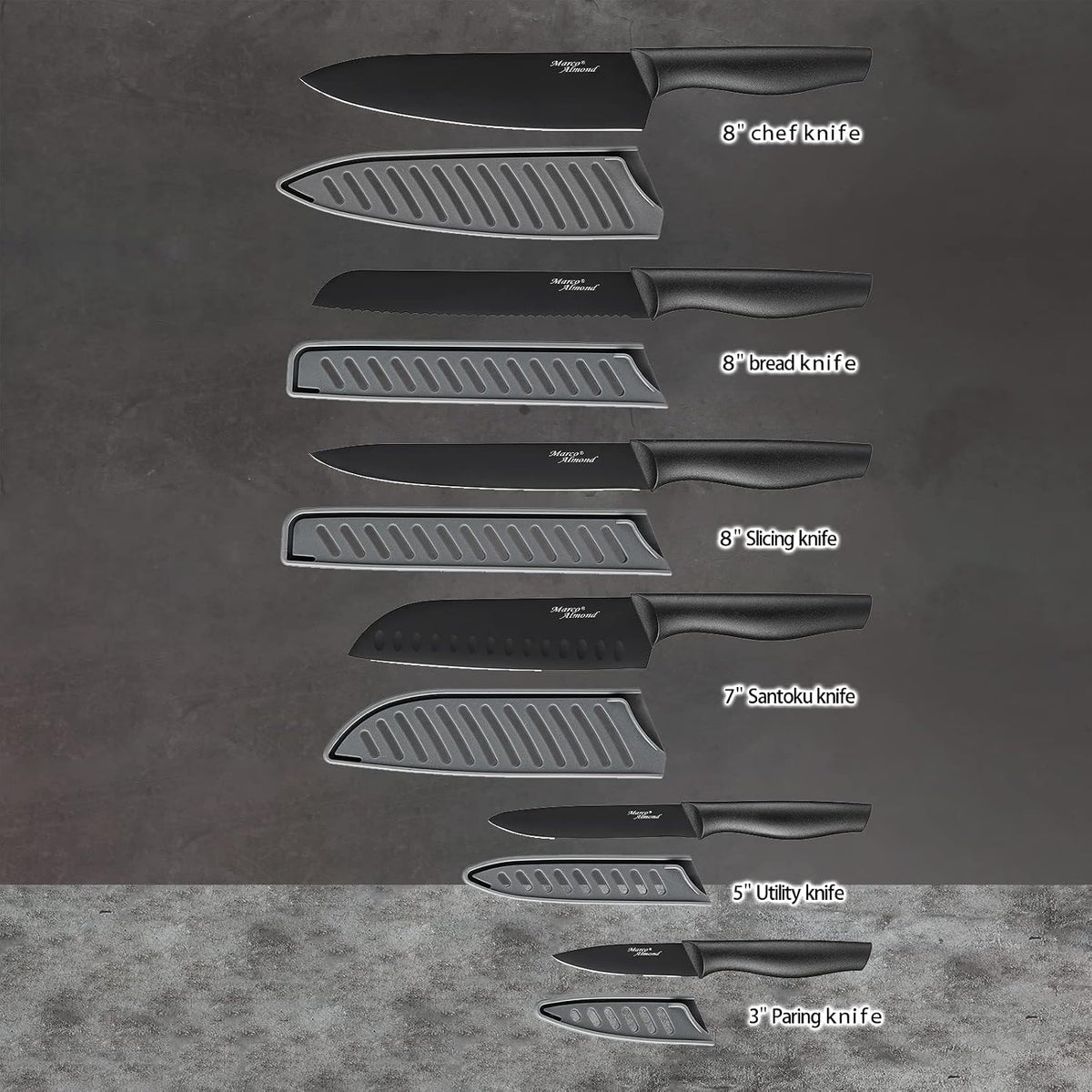 Marco Almond Kitchen Knife Set Chef Knife Set Black