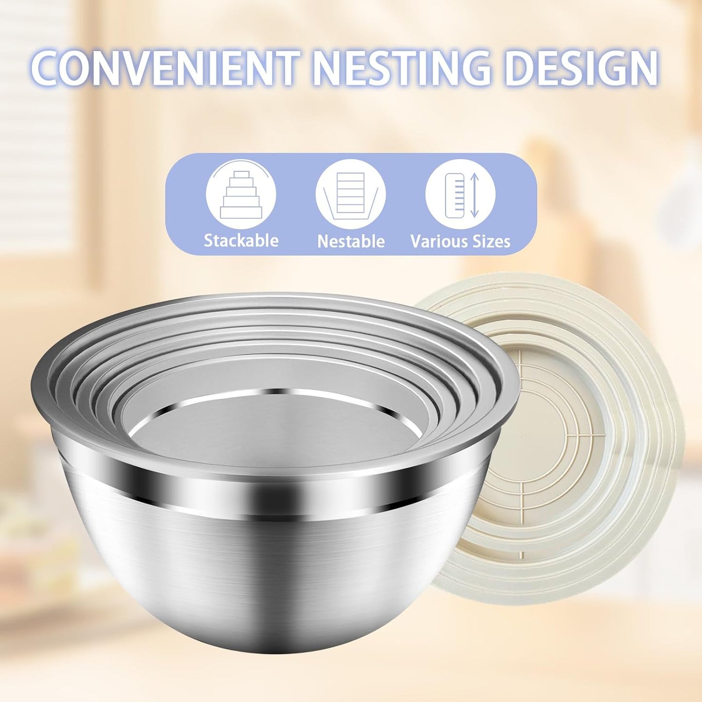 Mixing Bowls with Airtight Lids Set, 5 PCS Stainless Steel Khaki Nesting Bowls for Kitchen, Large Prep Metal Mixing Bowls for Kitchen, 5.5/4/3.5/2/1.5 QT for Mixing & Serving