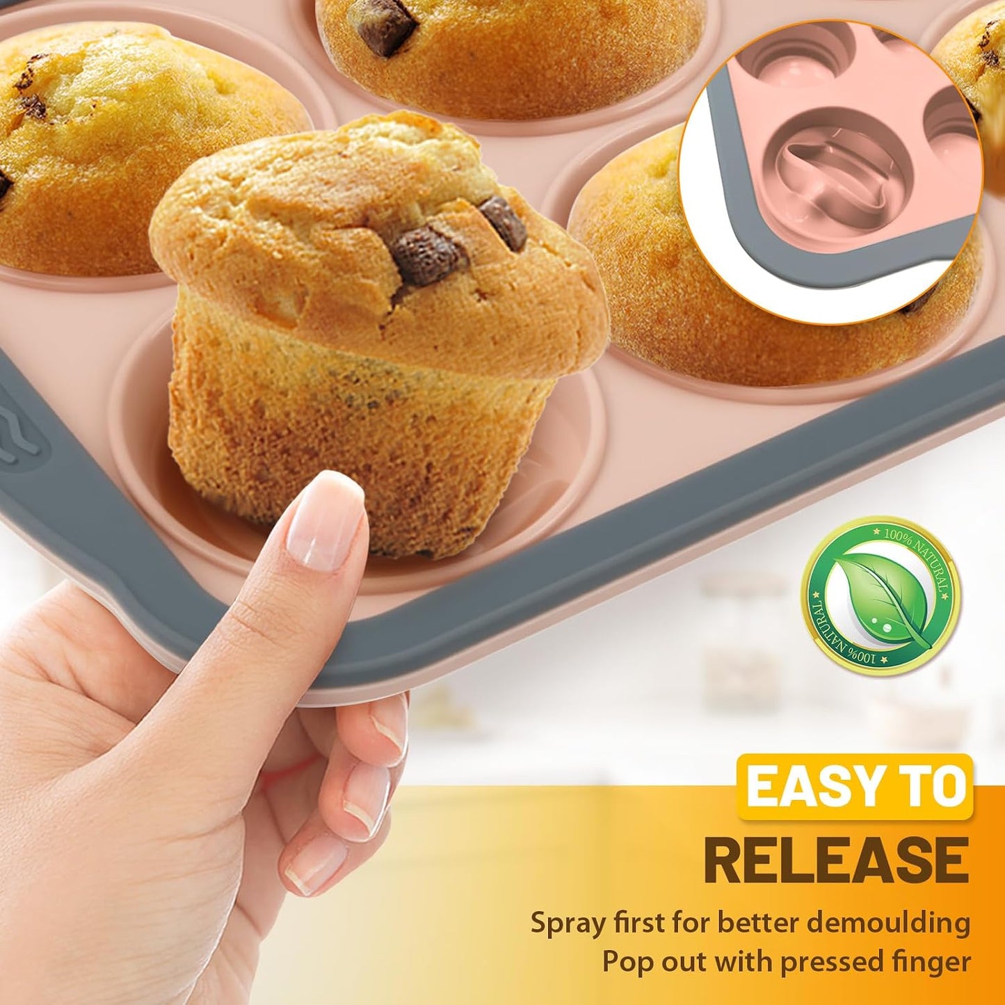Silicone Muffin Pan, 12 Cups Non-Stick Cupcake Pan, Food-Grade BPA-Free Muffin Tin, Oven-Safe 450 °F, Reinforced Steel Frame, Easy-Grab Handles, Quick-Release 2.3" Baking Molds for Mini Treats