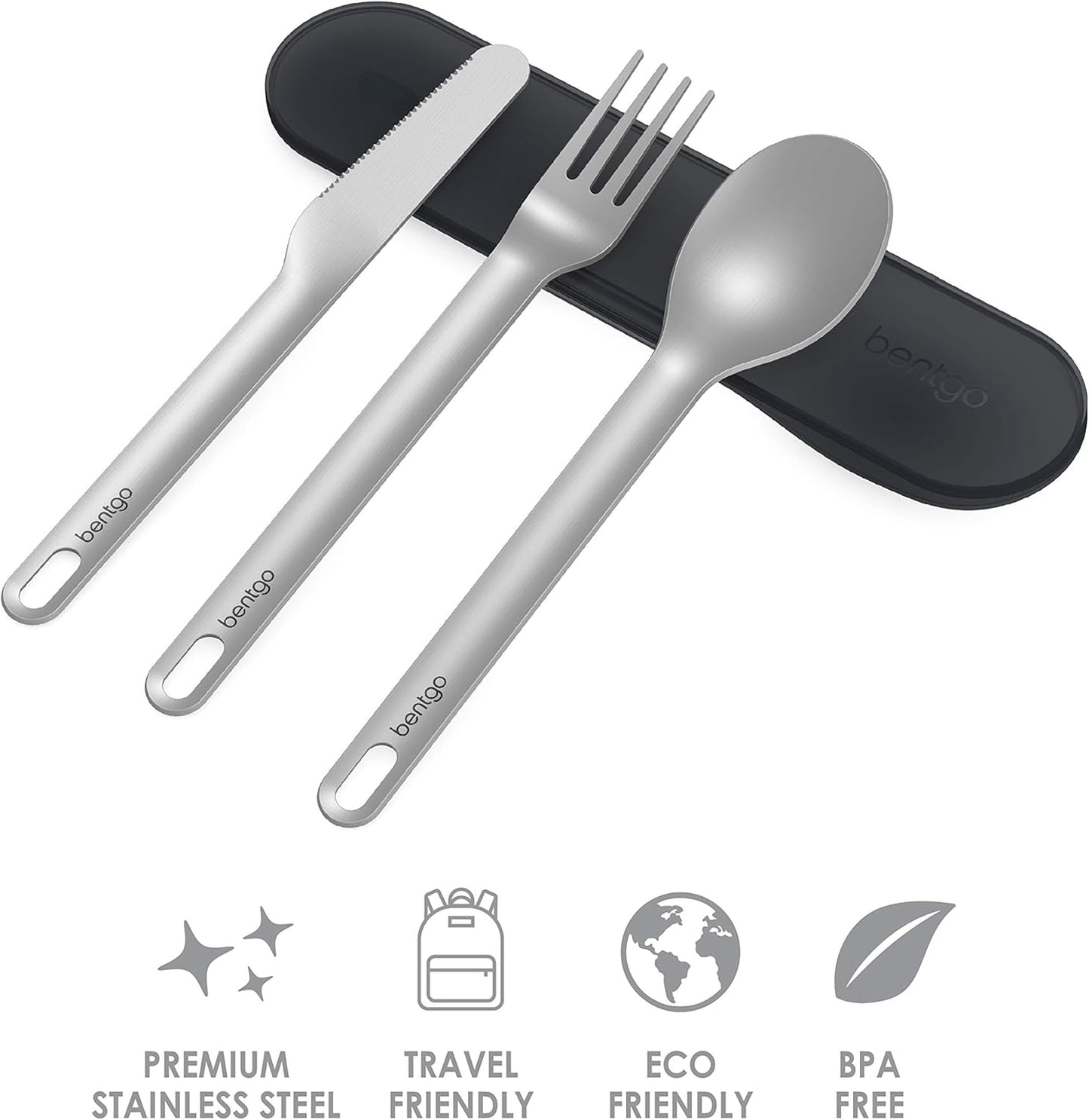 Bentgo Stainless Travel Utensil Set - Reusable 3-Piece Silverware Set with Carrying Case, High-Grade Premium Steel, BPA-Free Case, Eco-Friendly - Ideal for Travel, Camping, and Office Use (Gray)