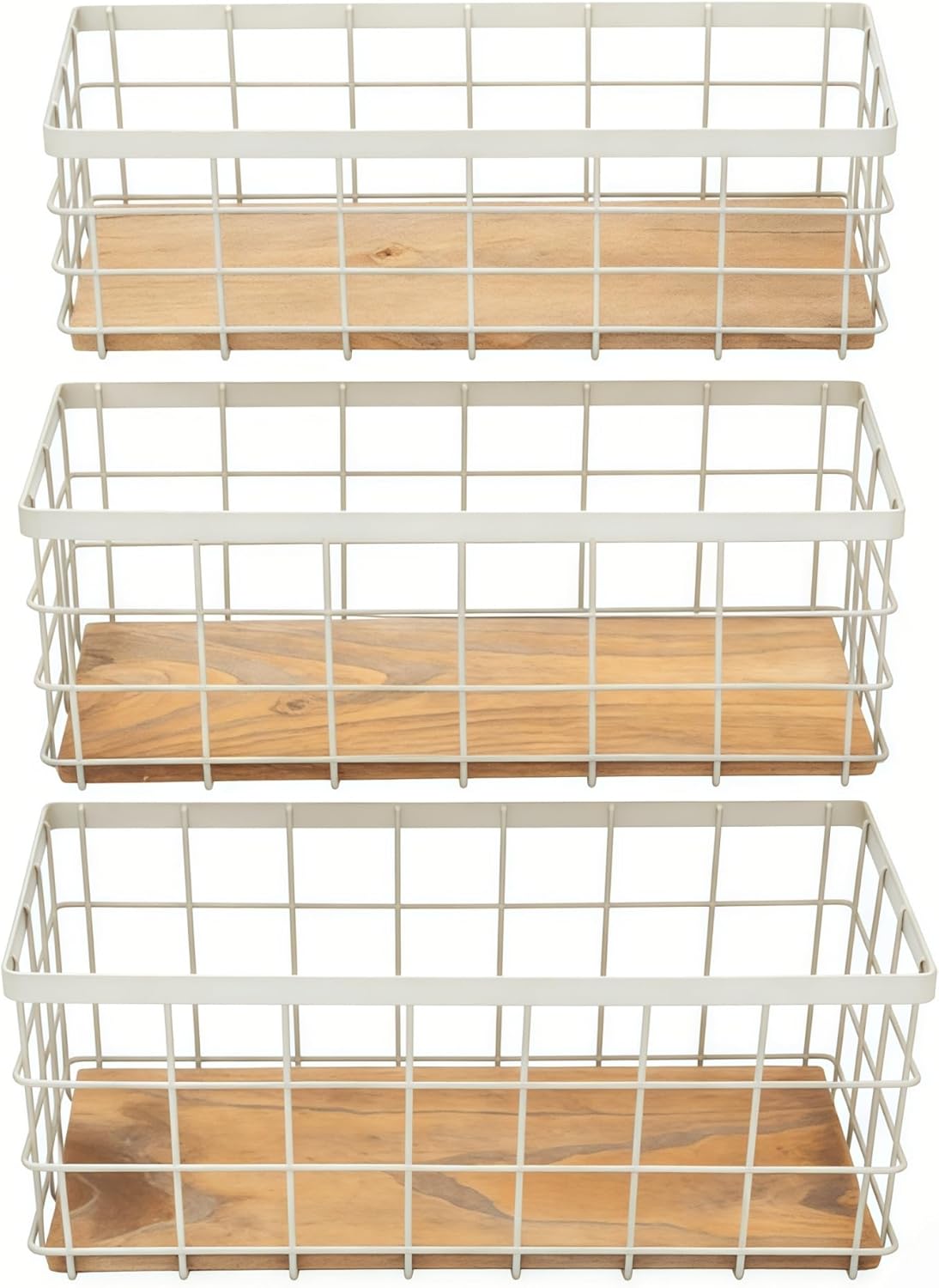 TIEYIPIN Farmhouse Decor Metal Wire Storage Baskets, Wood Base Containers Organizing Basket Caddy Bin for Kitchen Cabinets, Bathroom, Pantry, Garage, Laundry Room, Closets - Small - Black (Set of 3)