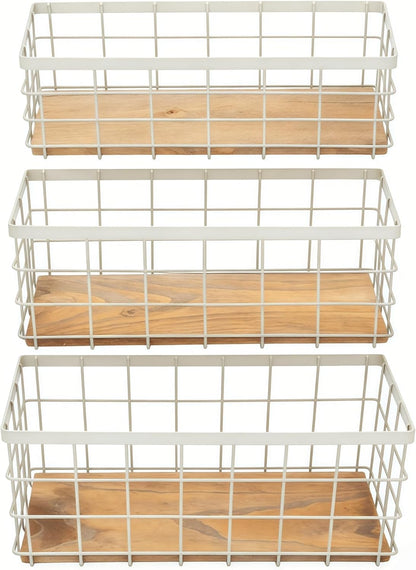 TIEYIPIN Farmhouse Decor Metal Wire Storage Baskets, Wood Base Containers Organizing Basket Caddy Bin for Kitchen Cabinets, Bathroom, Pantry, Garage, Laundry Room, Closets - Small - Black (Set of 3)
