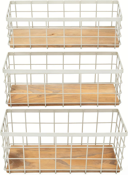 TIEYIPIN Farmhouse Decor Metal Wire Storage Baskets, Wood Base Containers Organizing Basket Caddy Bin for Kitchen Cabinets, Bathroom, Pantry, Garage, Laundry Room, Closets - Small - Black (Set of 3)