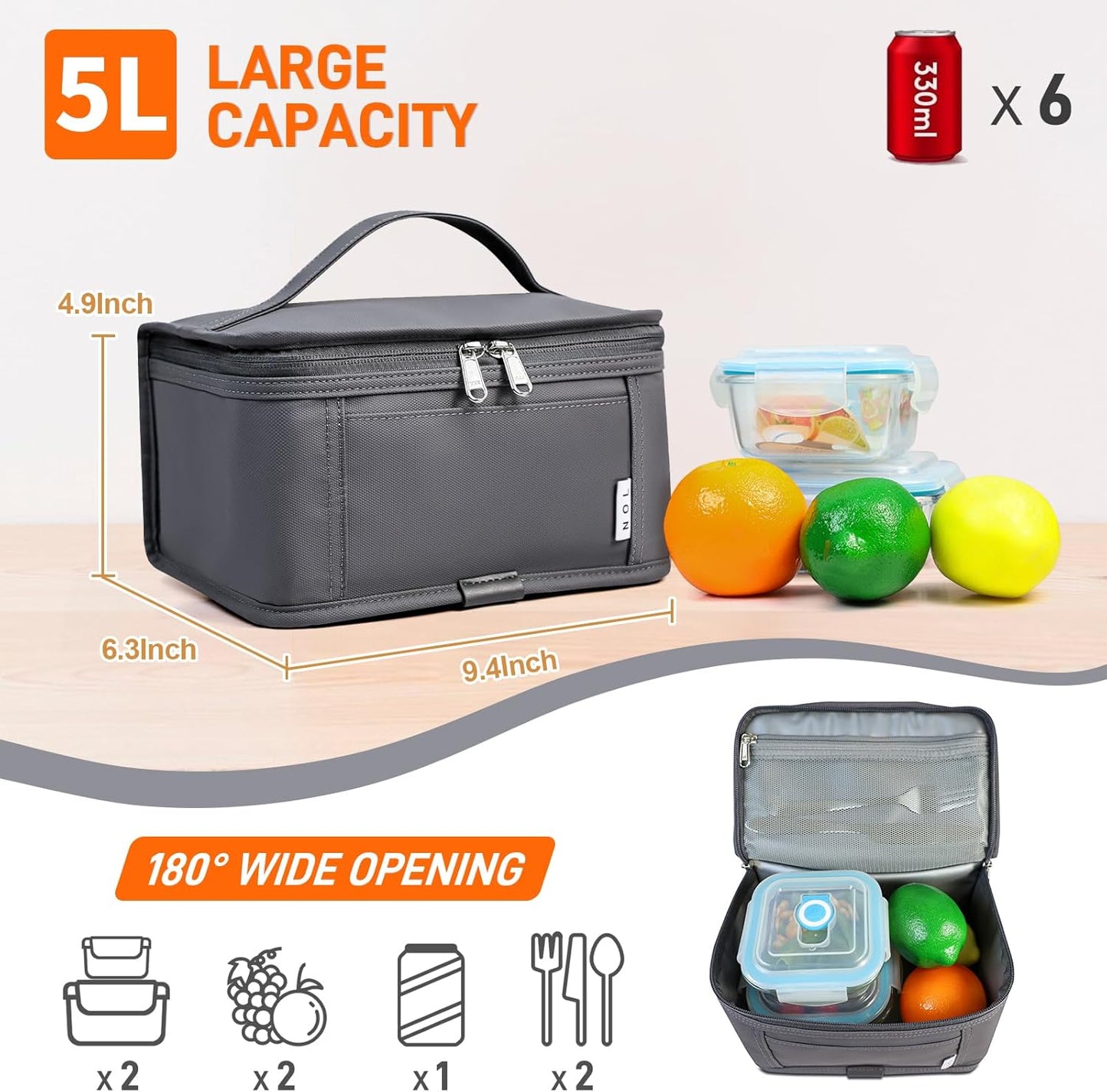 NOL Mini Insulated Lunch Bag for Women Men Kids | Small Leakproof Reusable Lunch Tote | Fits 6 Cans 330ml | Thermal Cooler for Work School Picnic Camping, Navy blue